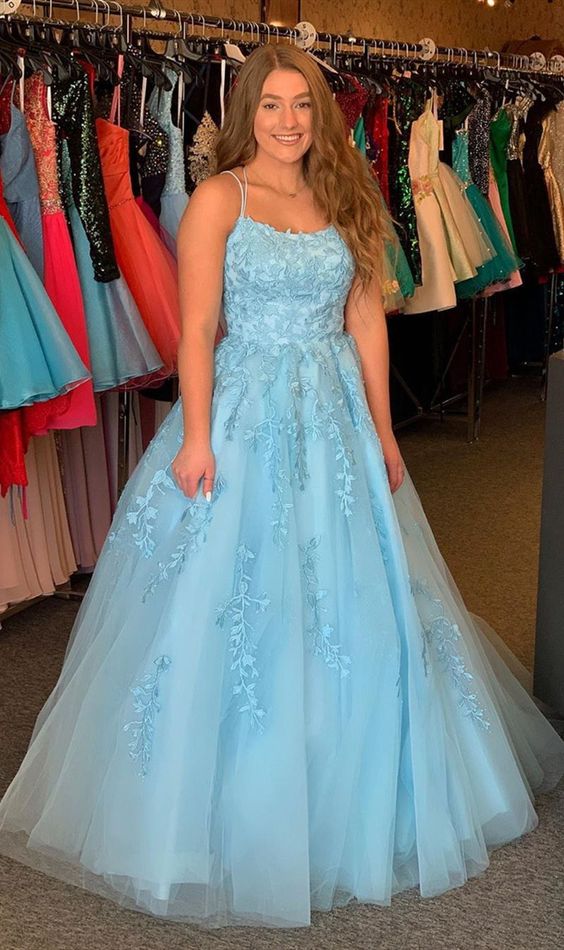 baby blue a-line straps tulle lace fashionable prom dress cg7969