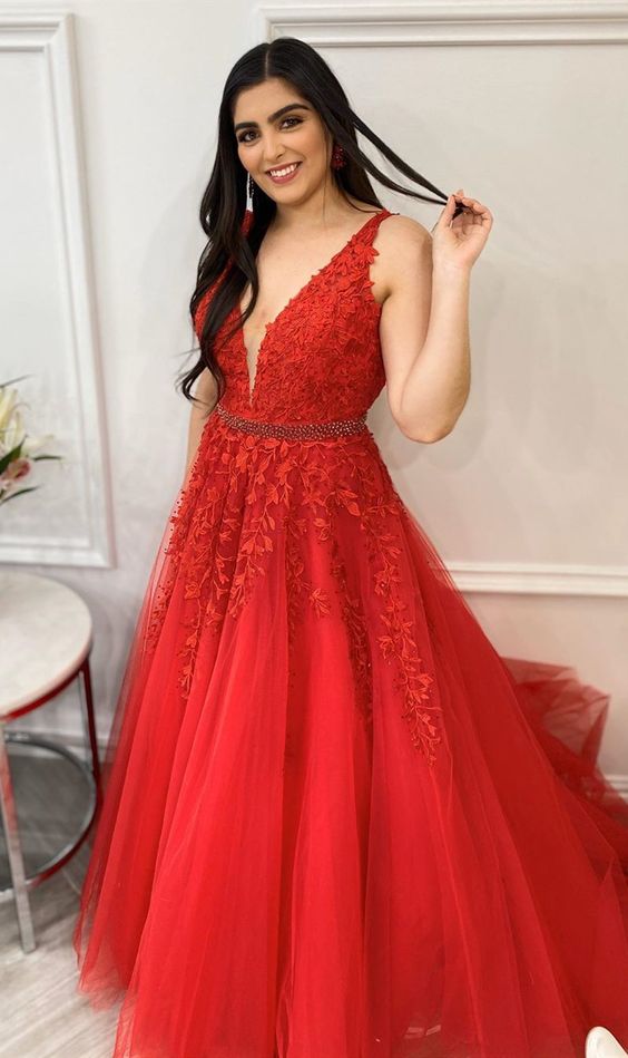 modest red prom gowns, pretty lace prom dresses, a line evening party dresses cg7975
