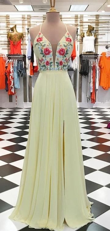 Yellow Long Prom Dress with Floral Embroidery cg7978