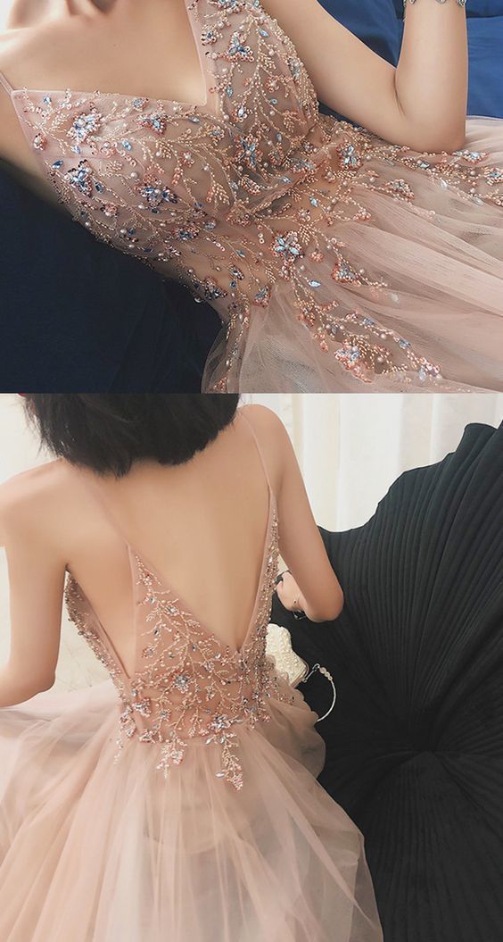 Gorgeous A-Line Spaghetti Straps V Neck Tulle Prom Dresses cg7982