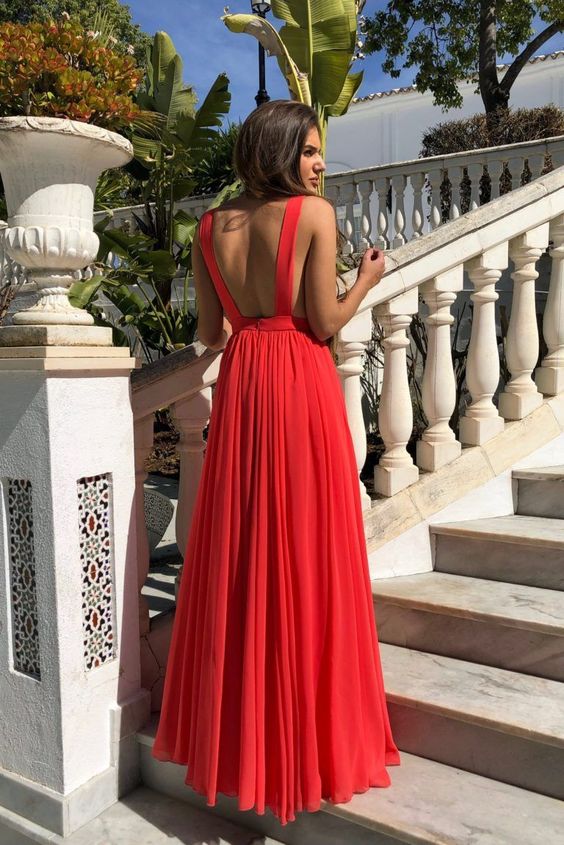 Red A Line V Neck Floor Length Pleated Chiffon Long Prom Dresses cg7992