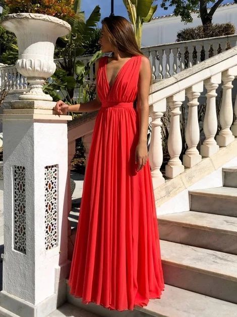 Red A Line V Neck Floor Length Pleated Chiffon Long Prom Dresses cg7992