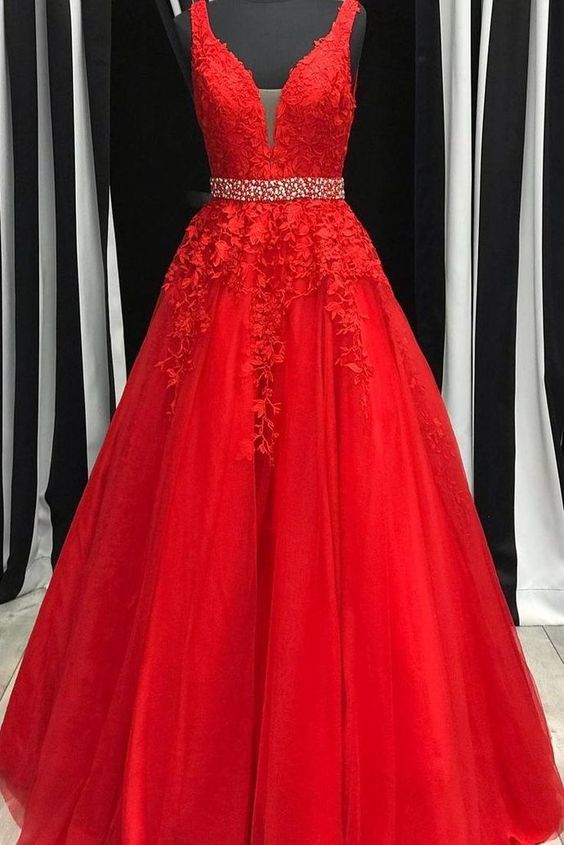 Red Lace Prom Dresses,Applique Party Dresses,A line Evening Prom Dress cg8003