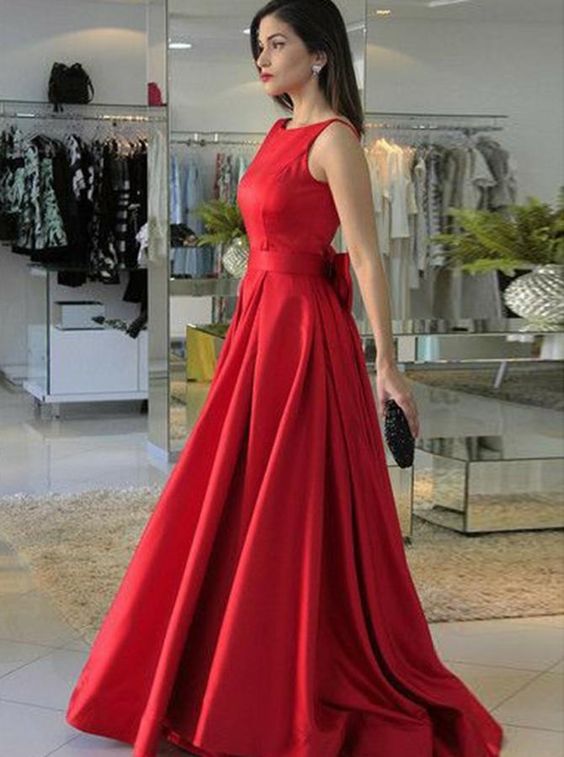 Beautiful Prom Dresses, A-Line Round Neck Red Satin Prom Dress with Bowknot cg8004