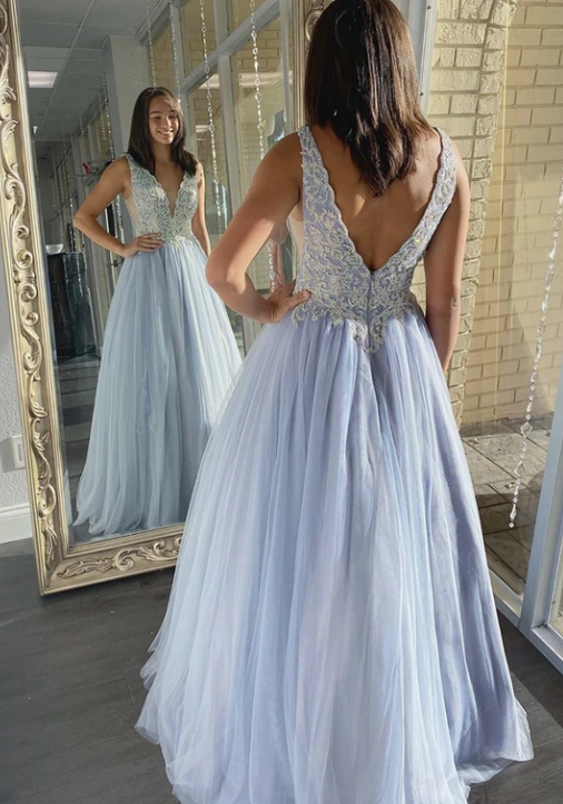 Blue v neck tulle lace long pro dress formal dress cg8012