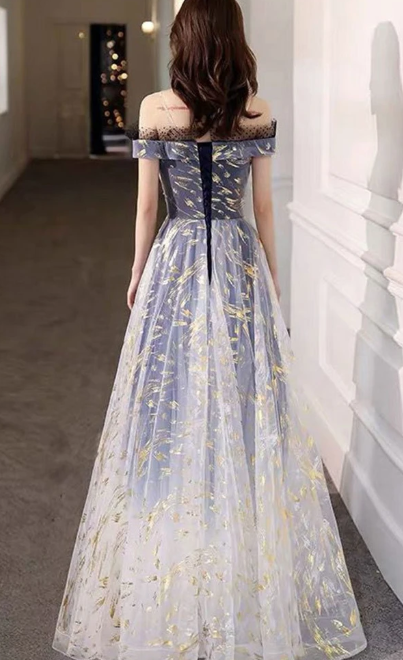 BLUE TULLE OFF SHOULDER LONG PROM DRESS TULLE FORMAL DRESS cg8018