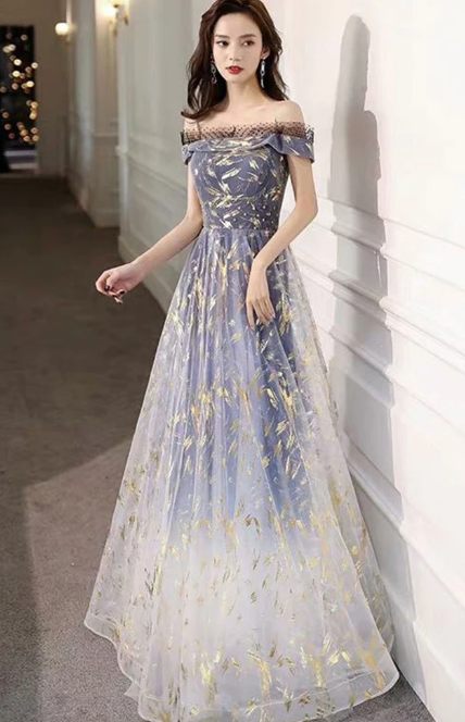 BLUE TULLE OFF SHOULDER LONG PROM DRESS TULLE FORMAL DRESS cg8018