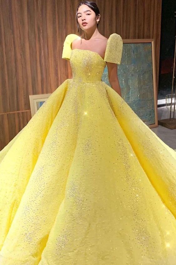 Ball Gown Sparkly Yellow Short Sleeves Prom Dresses Evening Dress cg8080