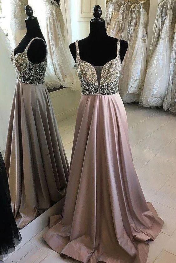 Cheap Beaded Long A Line V-Neck Satin Spaghetti Strap Prom Dresses cg8098