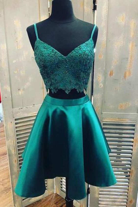 Teal Two Piece Satin Homecoming Dresses With Lace Spaghetti Strap Graduation cg8105