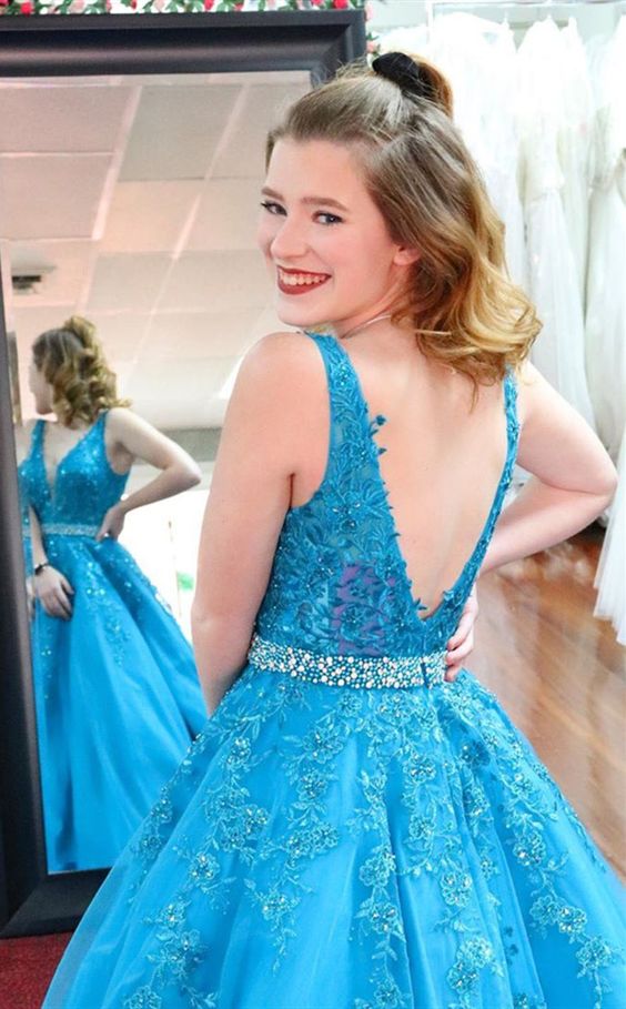 formal blue long prom dresses, a line lace prom gowns, modest ball gown evening party dresses cg8126