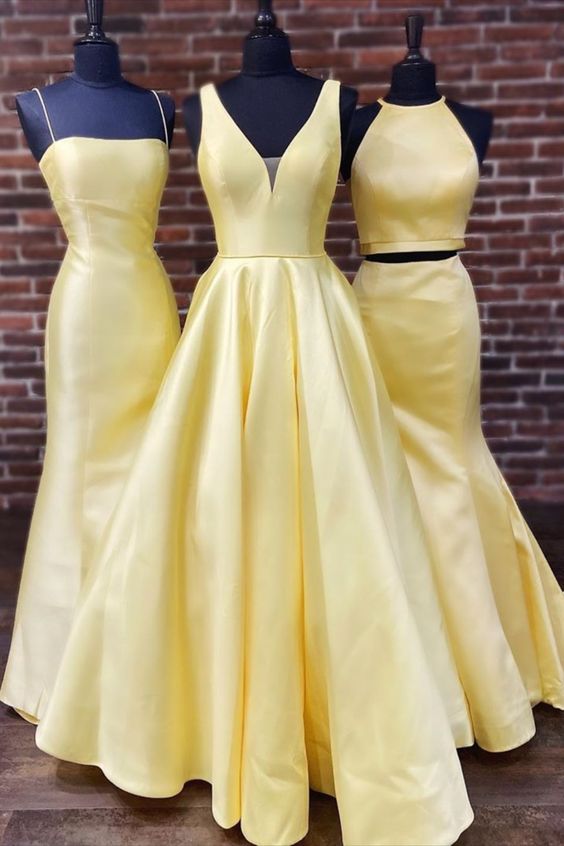 A-line yellow satin long prom dress with v neckline cg8132