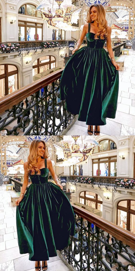Vintage A-Line Spaghetti Straps Dark Green Velvet Prom Dress cg8150