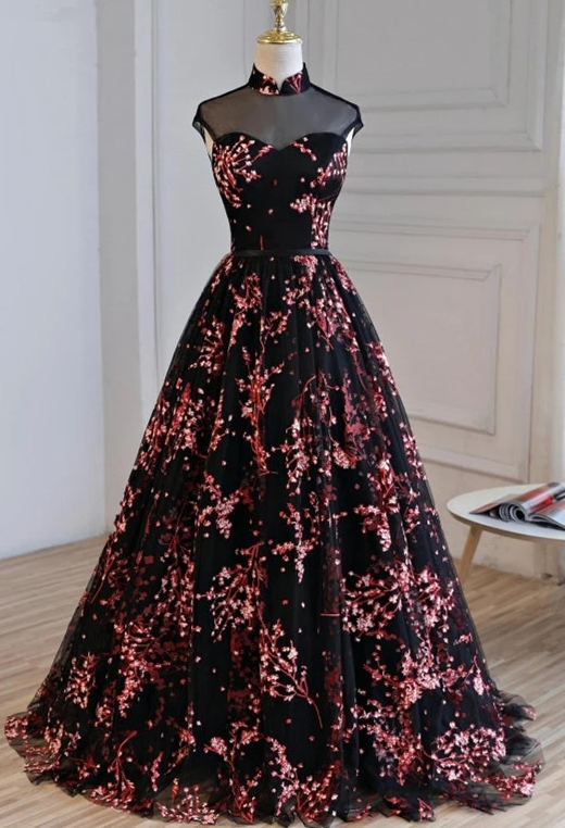 Gorgeous Black Tulle Long Formal Gown, Floral Evening Party prom Dress cg8165