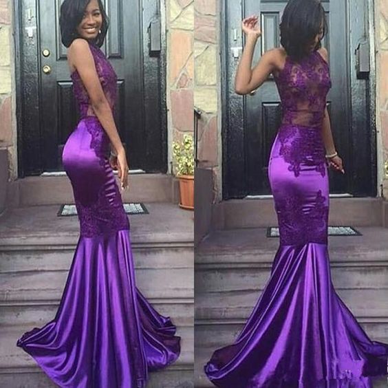 Purple Sexy Mermaid Prom Dresses Long Halter Lace Appliques Party Dress cg8195