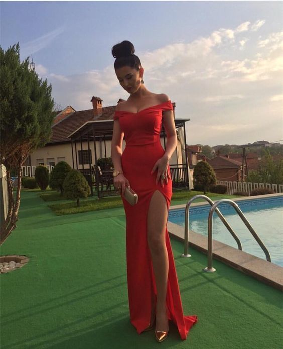 High Slit Long Satin Mermaid Prom Dress Off Shoulder cg8207