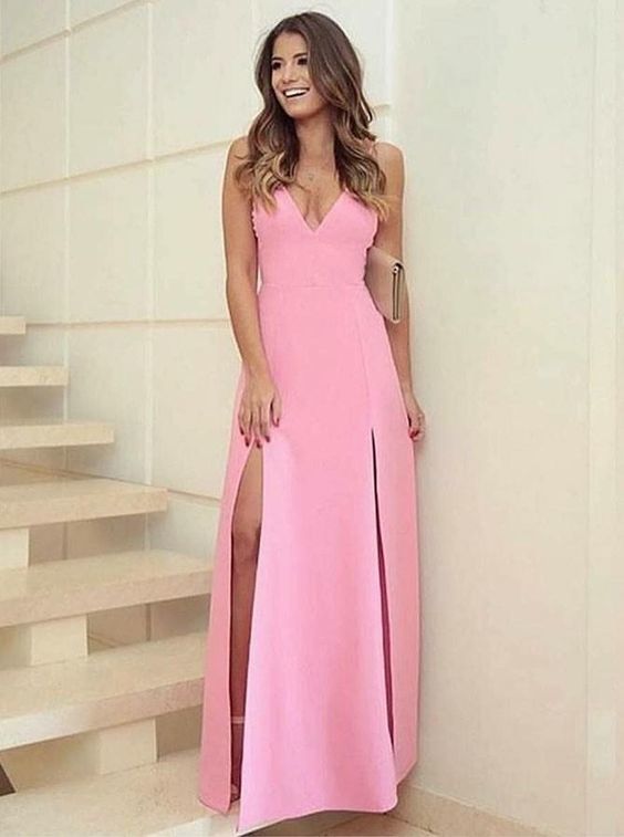 Beautiful Prom Dresses, Sheath V-Neck Floor Length Pink Satin Prom Dress with Split cg8223