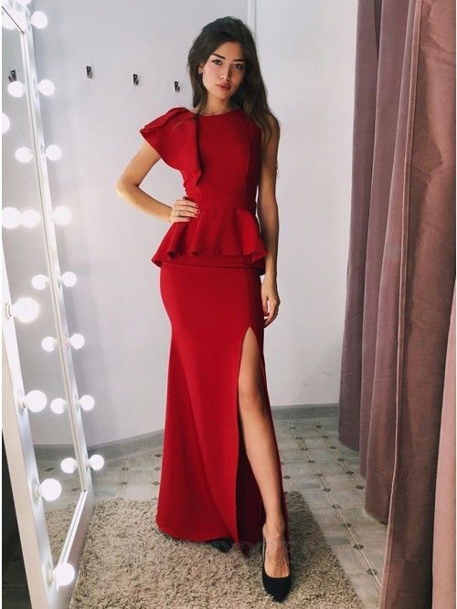 Tight Split Dark Red Jewel Formal Ruffle Prom Party Dress cg8237