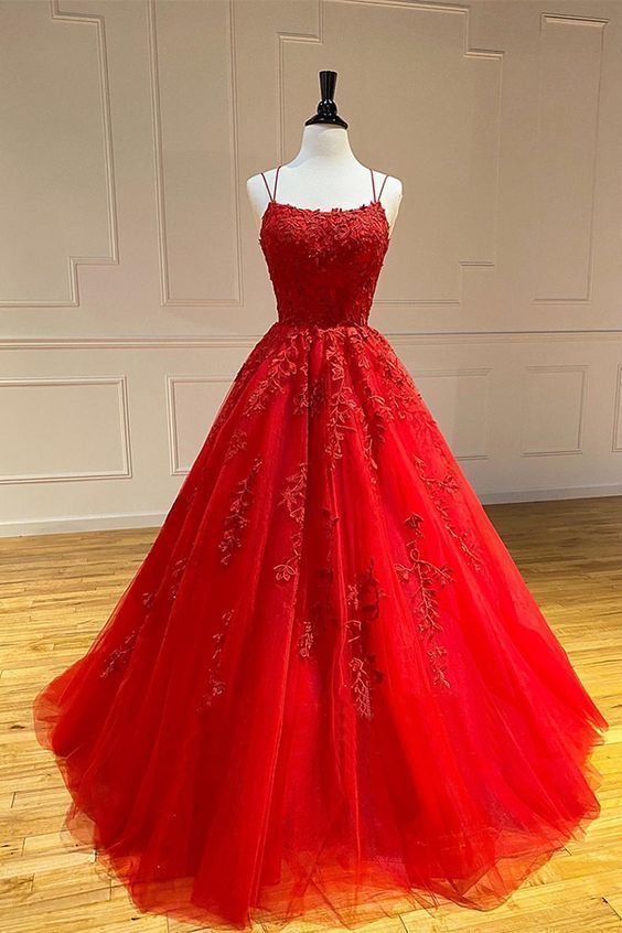 red long prom dresses, lace prom dresses, chic prom gowns cg8262