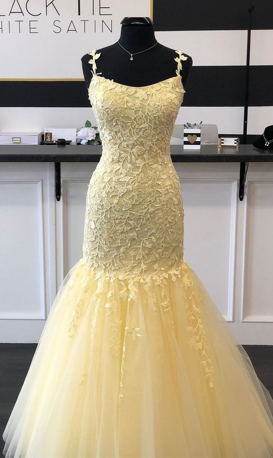 Mermaid long prom dresses, yellow lace prom dresses, modest evening party dresses cg8263