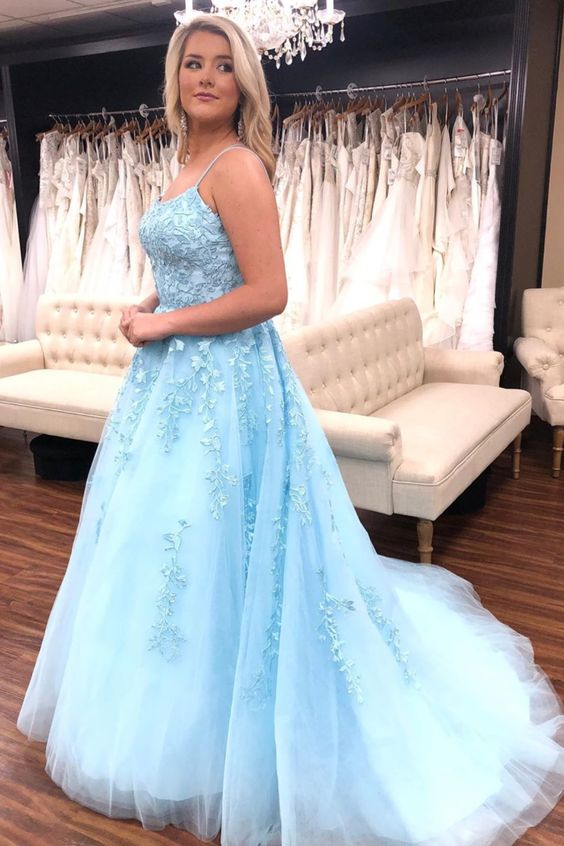 A-line light blue long prom dress with spaghetti straps cg8272