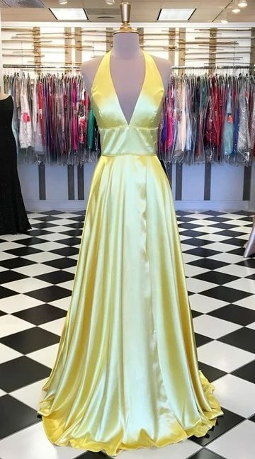 Yellow Prom Dress,Halter Neckline Prom Gown.Slit Evening Dress cg8285