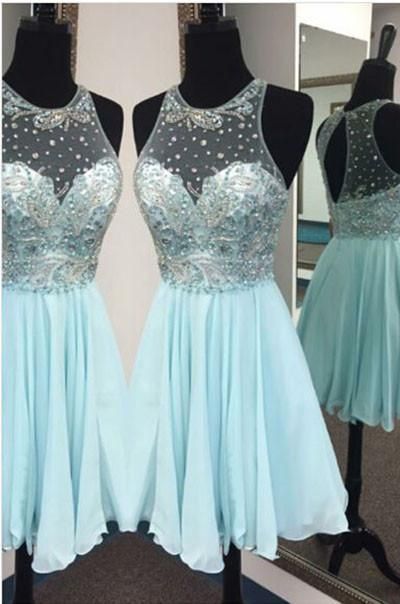 Cheap Light Blue Beaded Sleeveless Chiffon Homecoming Dresses cg8294