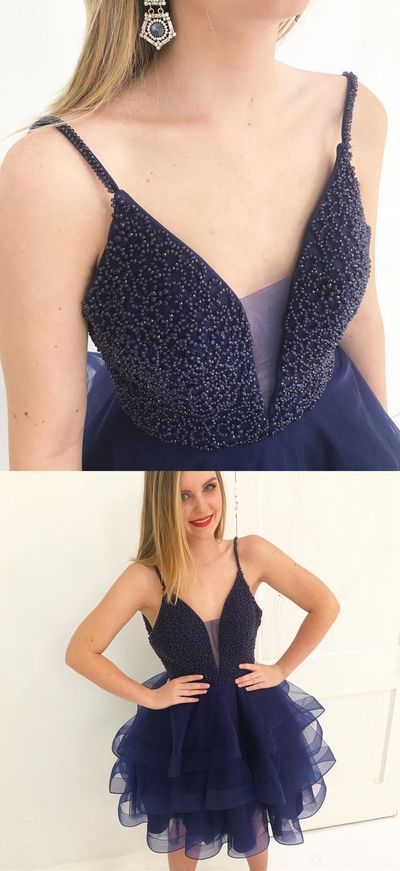 Beautiful short dress homecoming dress, beaded navy blue dress homecoming dress cg935