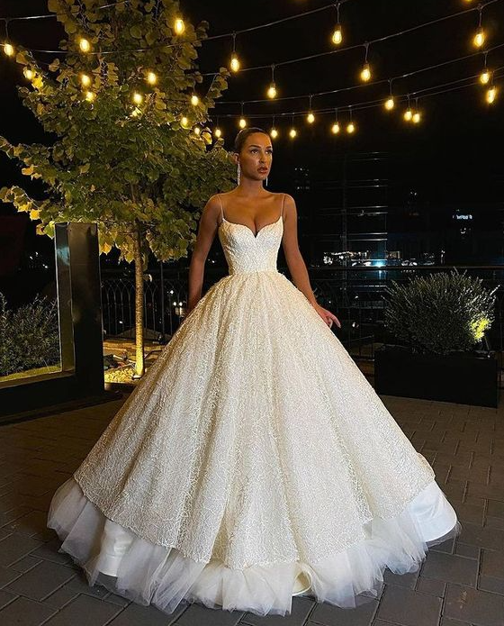 Classy Spaghetti Straps Lace Ball Gown Wedding Dress     cg25179