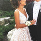 A-Line V-Neck Champagne Tulle Prom Dress with Beading Appliques  cg6020