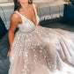 A-Line V-Neck Champagne Tulle Prom Dress with Beading Appliques  cg6020