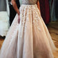 A-Line V-Neck Champagne Tulle Prom Dress with Beading Appliques  cg6020