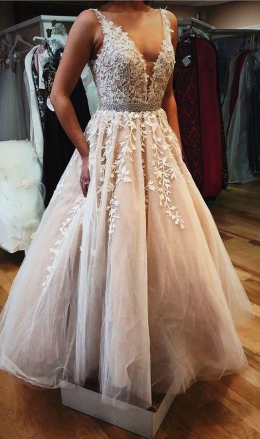 A-Line V-Neck Champagne Tulle Prom Dress with Beading Appliques  cg6020