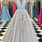 A-Line V-Neck Champagne Tulle Prom Dress with Beading Appliques  cg6020