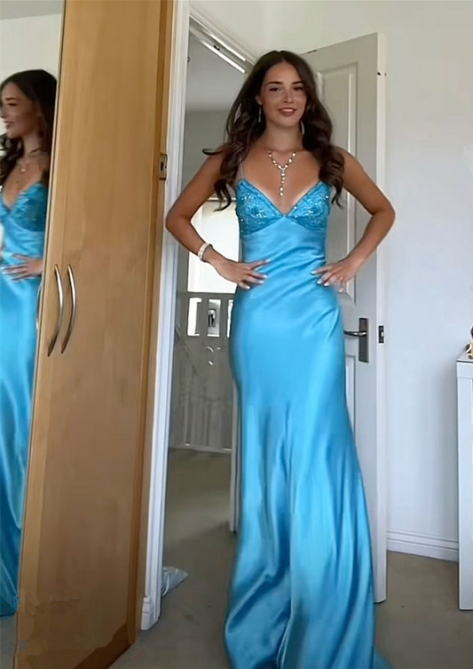 Elegant V-neck Spaghetti Memriad Long Prom Dress     cg25185