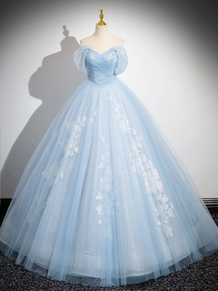 A-Line Tulle Lace Blue Long Prom Dress, Off Shoulder Blue Long Sweet 16 Dress    cg25056