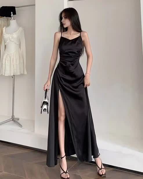 Spaghetti Straps Black A Line Satin Long Prom Dresses With Slit     cg25032