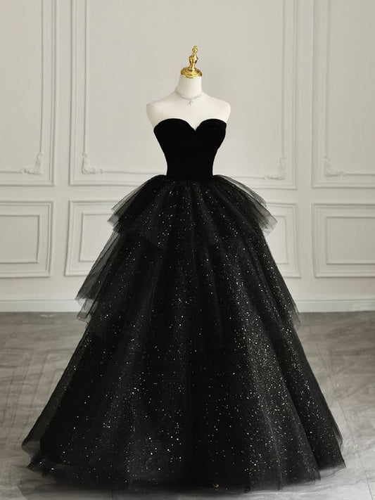 Black Strapless Tulle Formal Dress with Velvet, A-Line Sweetheart Neck Long Prom Dress     cg25038