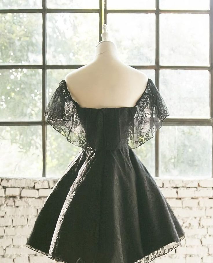 Black Off Shoulder Lace Sweetheart Lovely Short Homecoming Dress, Black Party Dress       cg25022