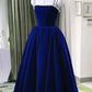 Blue Tea Length Velvet Straps Pearls Formal Dress, Blue Homecoming Dress         cg25083