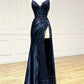 Dark Blue V Neck Satin Lace Long Prom Dress, Dark Blue Lace Long Evening Dress    cg25054