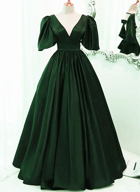 Green Satin Short Sleeves Long Party Dress, Green Floor Length Evening Dress Prom Dress   cg25042