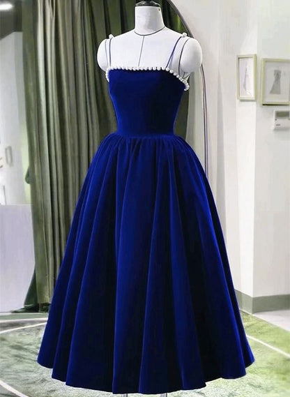 Blue Tea Length Velvet Straps Pearls Formal Dress, Blue Homecoming Dress         cg25083