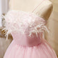 Pink Spaghetti Strap Tulle Short Prom Dress with Feather, Pink Party Dress     cg25037