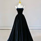 Spaghetti Strap Velvet Long Prom Dress with Pearls, Black Evening Dress Party Dress   cg25041