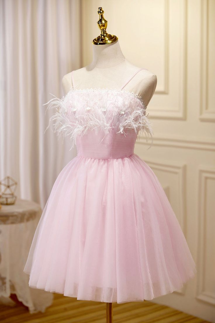 Pink Spaghetti Strap Tulle Short Prom Dress with Feather, Pink Party Dress     cg25037