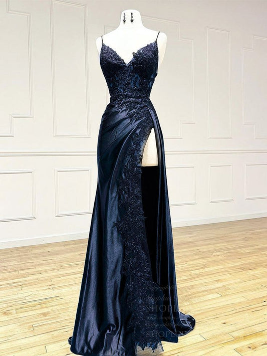 Dark Blue V Neck Satin Lace Long Prom Dress, Dark Blue Lace Long Evening Dress    cg25054