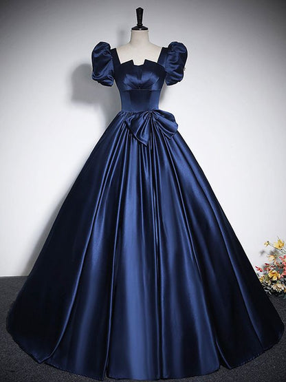 Elegant Blue Satin Floor-Length Prom Dresses, Square Neckline Puffy Short Sleeve Bow Formal Dresses    cg25015