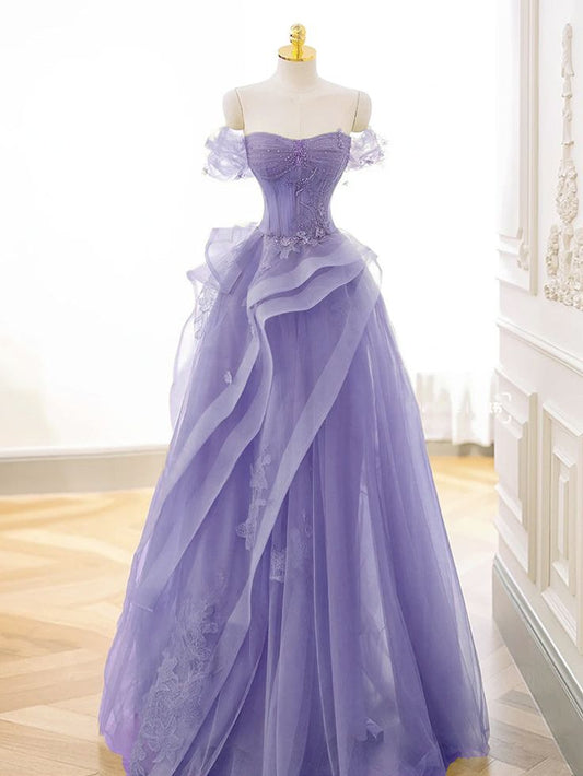 A-Line Off Shoulder Tulle Lace Purple Long Prom Dress, Purple Lace Long Formal Dress    cg25024