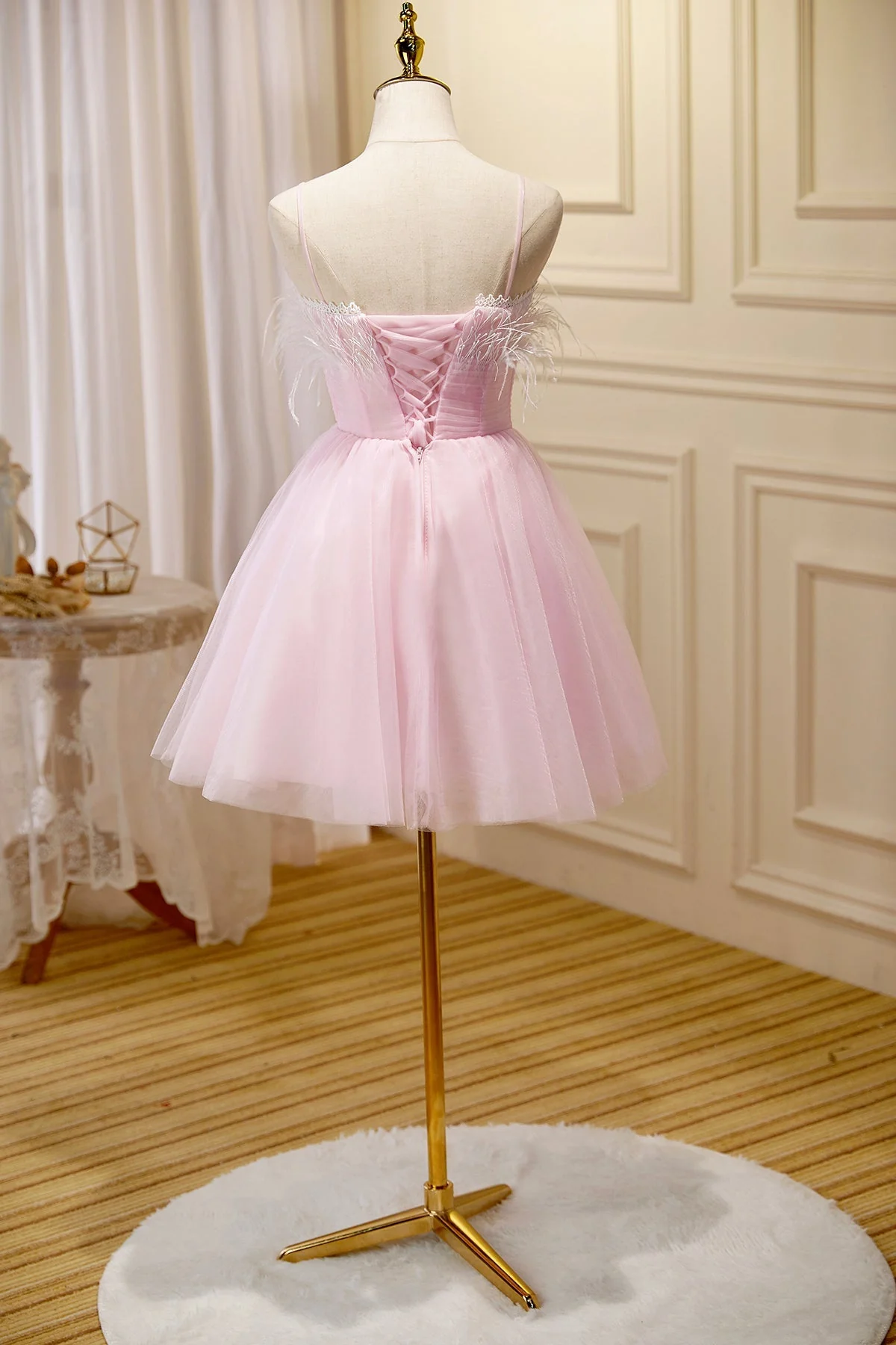 Pink Spaghetti Strap Tulle Short Prom Dress with Feather, Pink Party Dress     cg25037